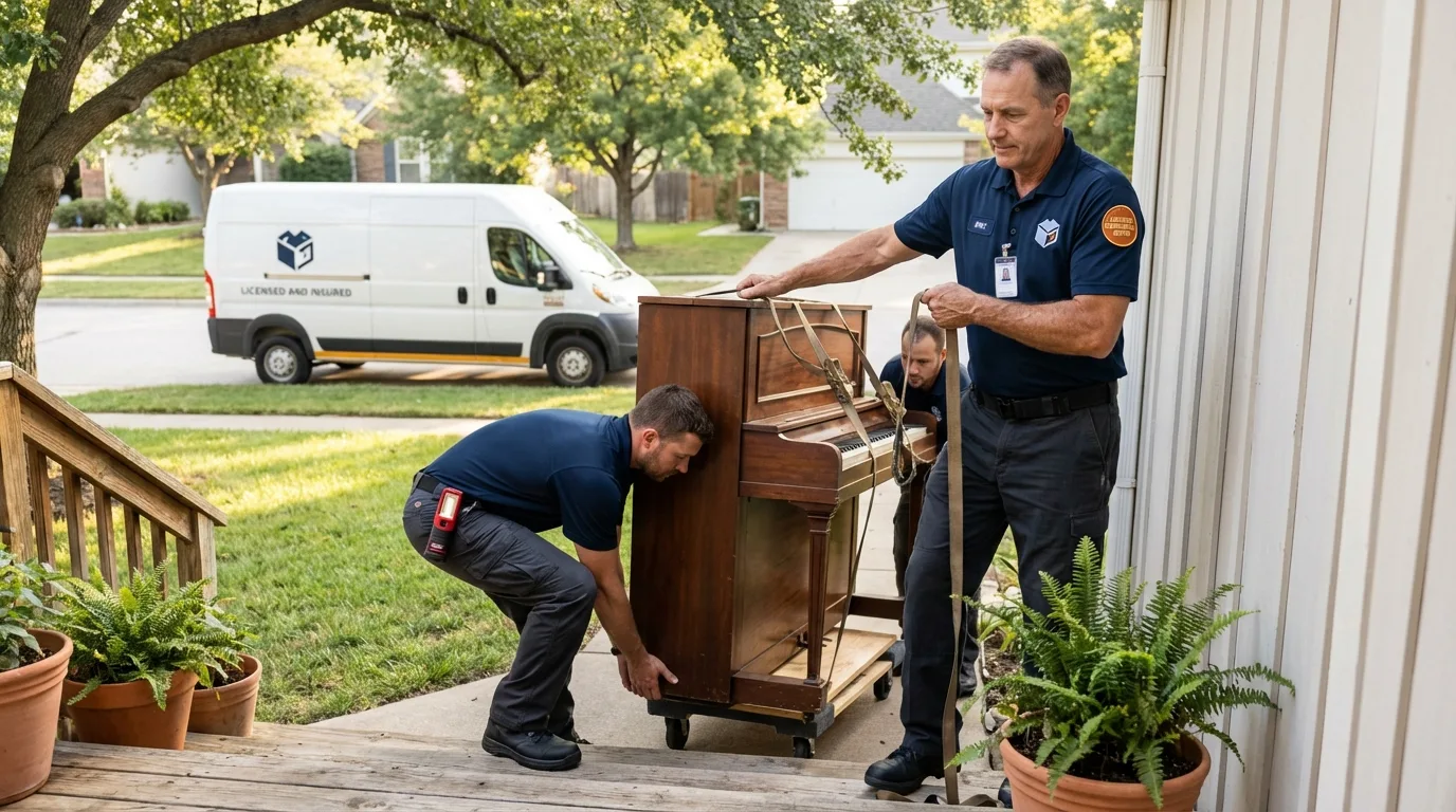 Licensed piano movers securing grand piano in Levittown, PA