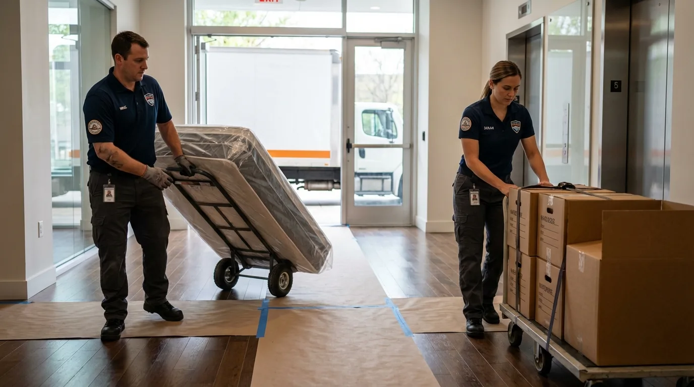 Professional apartment movers loading elevator in Levittown, PA