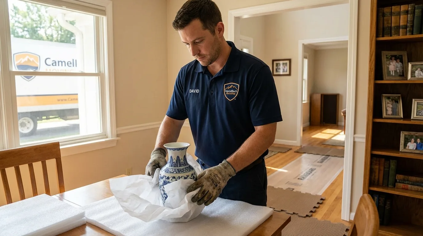 Professional crew carefully wrapping antique vase for senior downsizing move in Levittown, PA